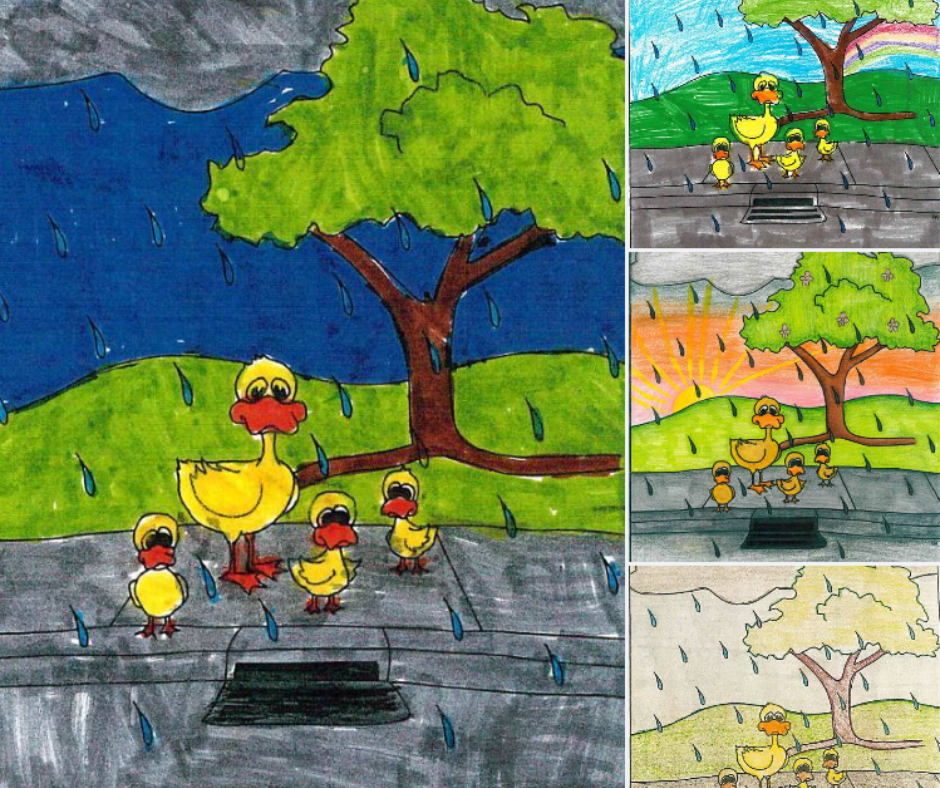 Different colorings of a picture with a duck, ducklings, trees, and a storm drain